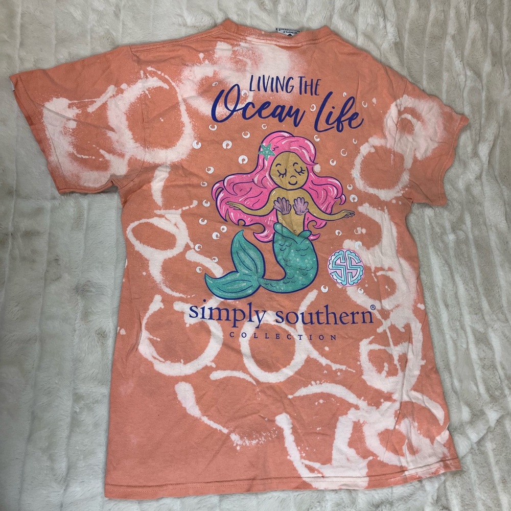 Simply Southern M Orange Mermaid Preppy Bleach Dye Upcycle Coastal Cruise Tee